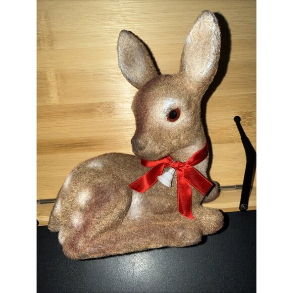 Vintage Flocked Deer Fawn Coin Bank Fuzzy Spots Hong Kong 7" / Plug & Orig Tag - Picture 1 of 12